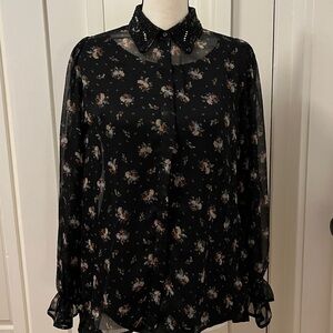 Topshop Black Silky Floral Print Embellished Collar Long Sleeves Like New Sz Sm